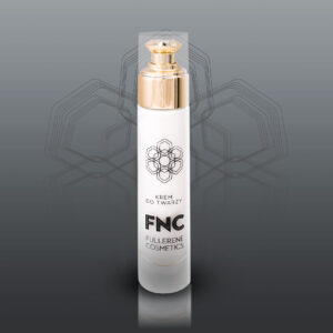 Butelka kremu do twarzy Fullerene Cosmetics na szarym tle