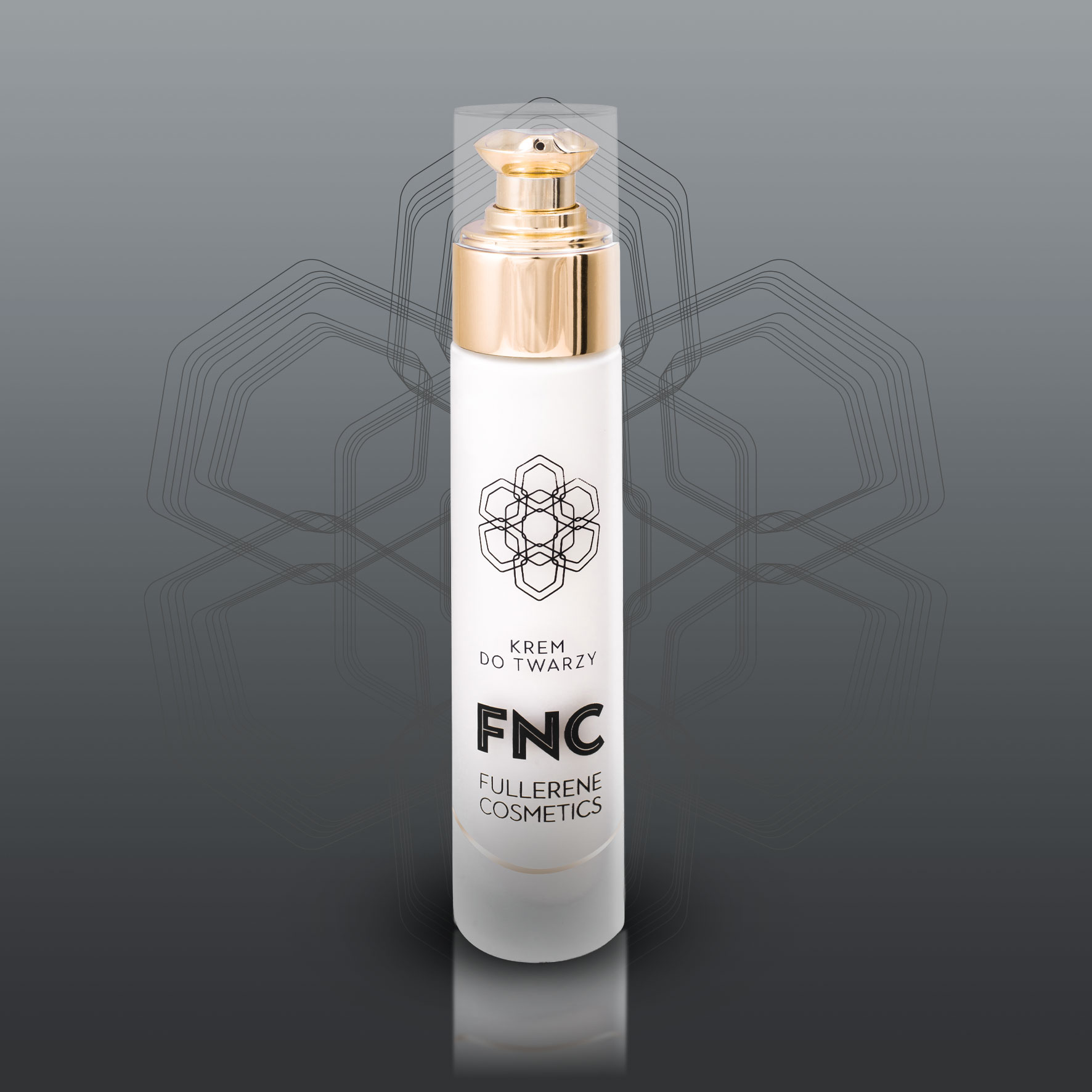 Butelka kremu do twarzy Fullerene Cosmetics na szarym tle