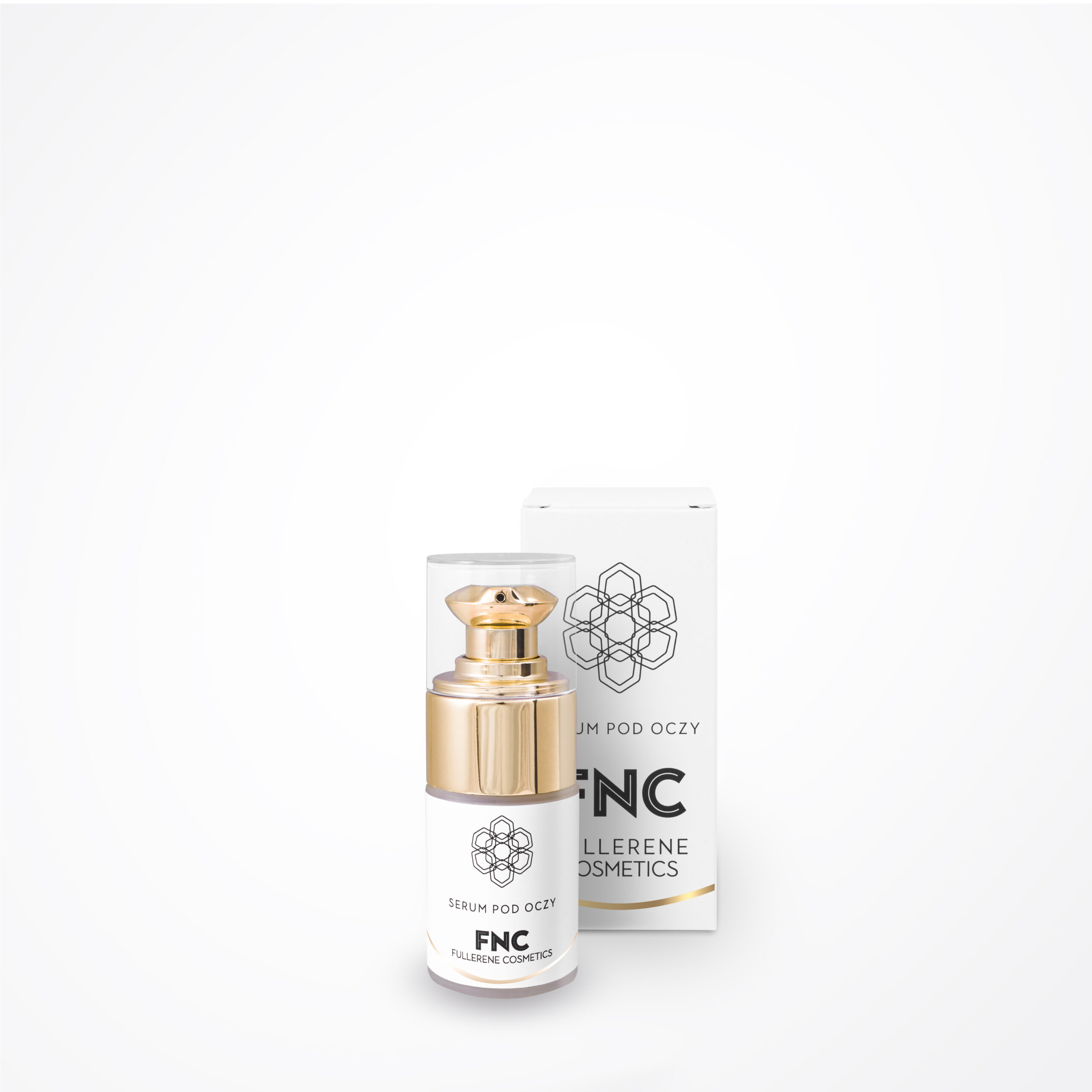 Pudełko i butelka serum do twarzy Fullerene Cosmetics na białym tle